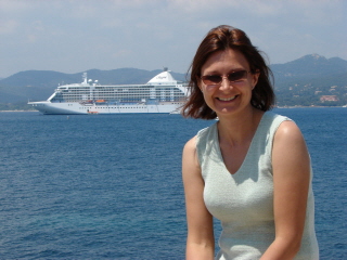 Debbie with the cruise ship at St. Tropez